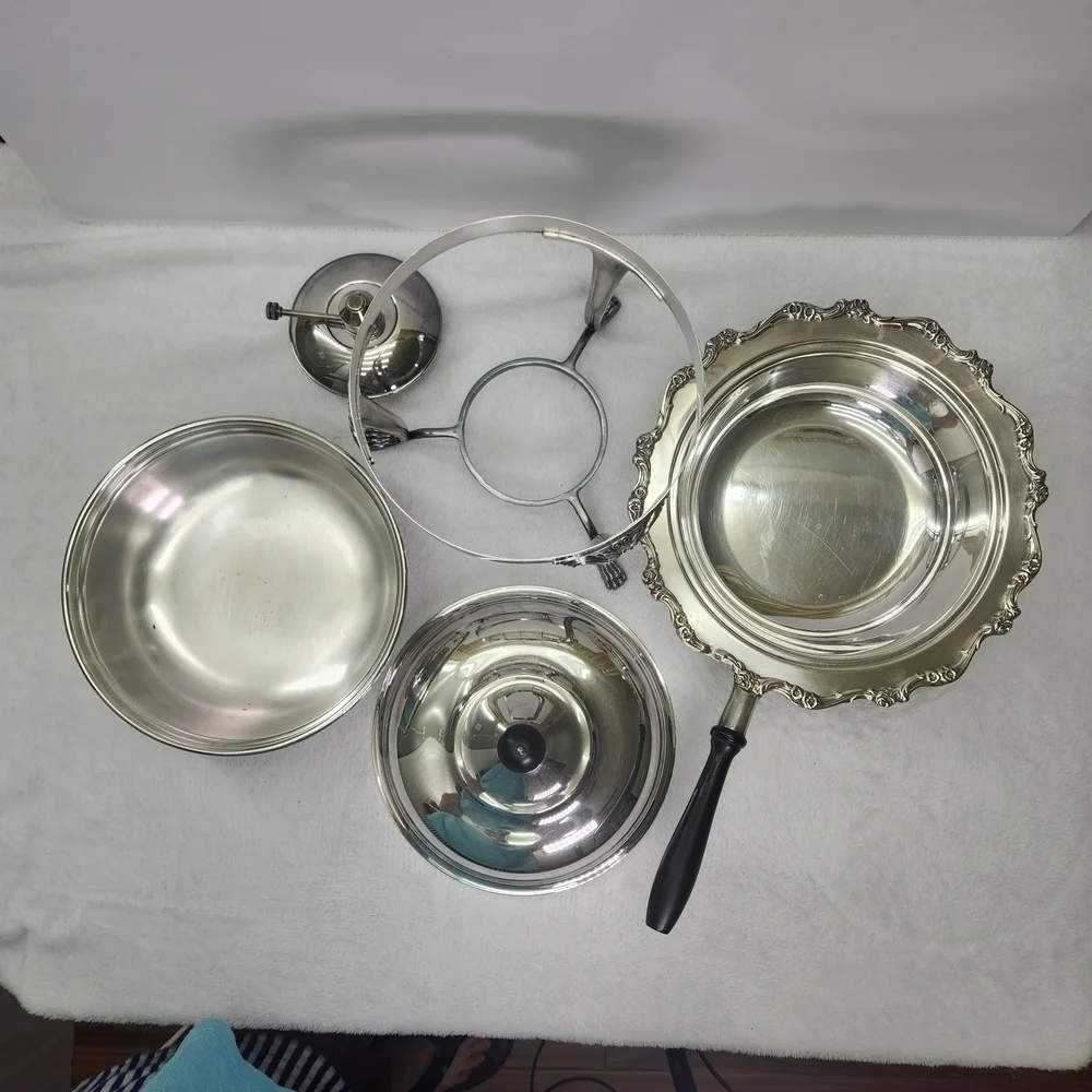 Vtg Elegant Silver Chafing Dish with Black Handle Used To Keep The Food Warm.